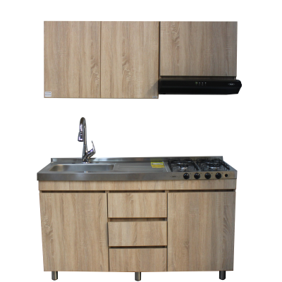 Cocina Express Derecha Basic Igara 1.50m + Estufa Mesón y Campana Rustic Sand